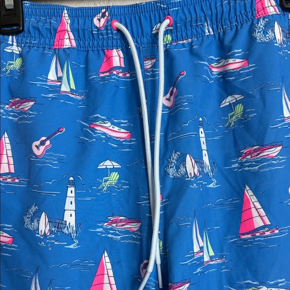 Vineyard Vines Blue Swim Trunks with Pink and White Sailboat Print - Picture 3 of 6
